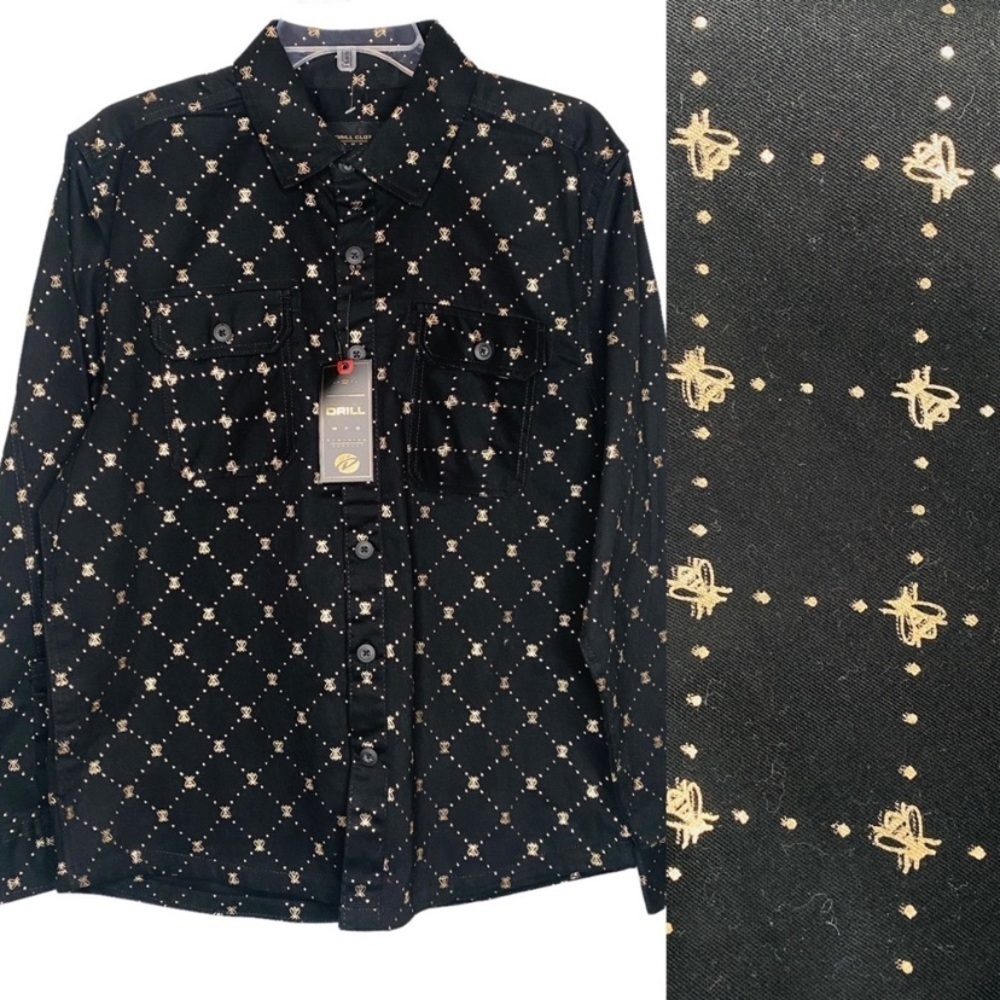 NEW Drill Gold Metallic Bumble Bee Black Jeans Button Down Shirt Sz M